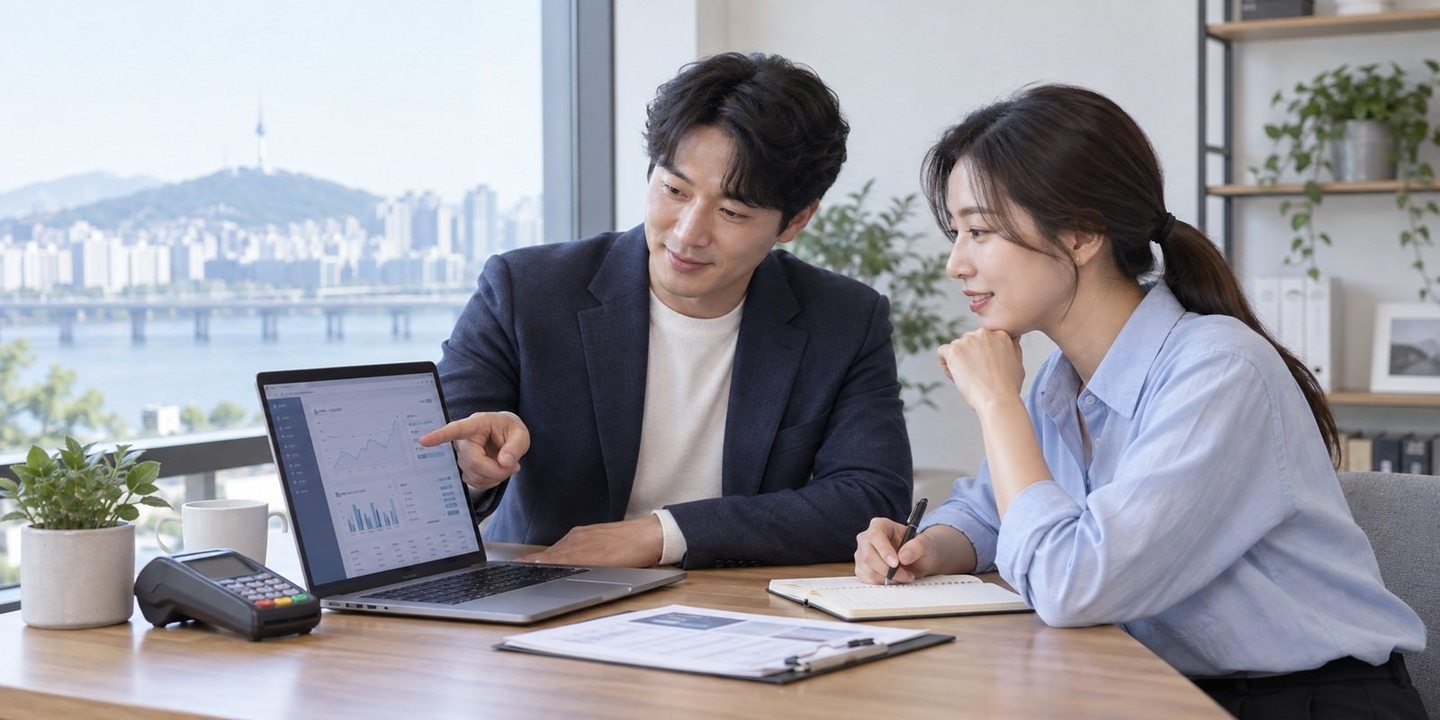 노트북 화면을 함께 확인하는 두 사람 — 창구가 하나면 문의할 곳을 찾아다니지 않으셔도 돼요