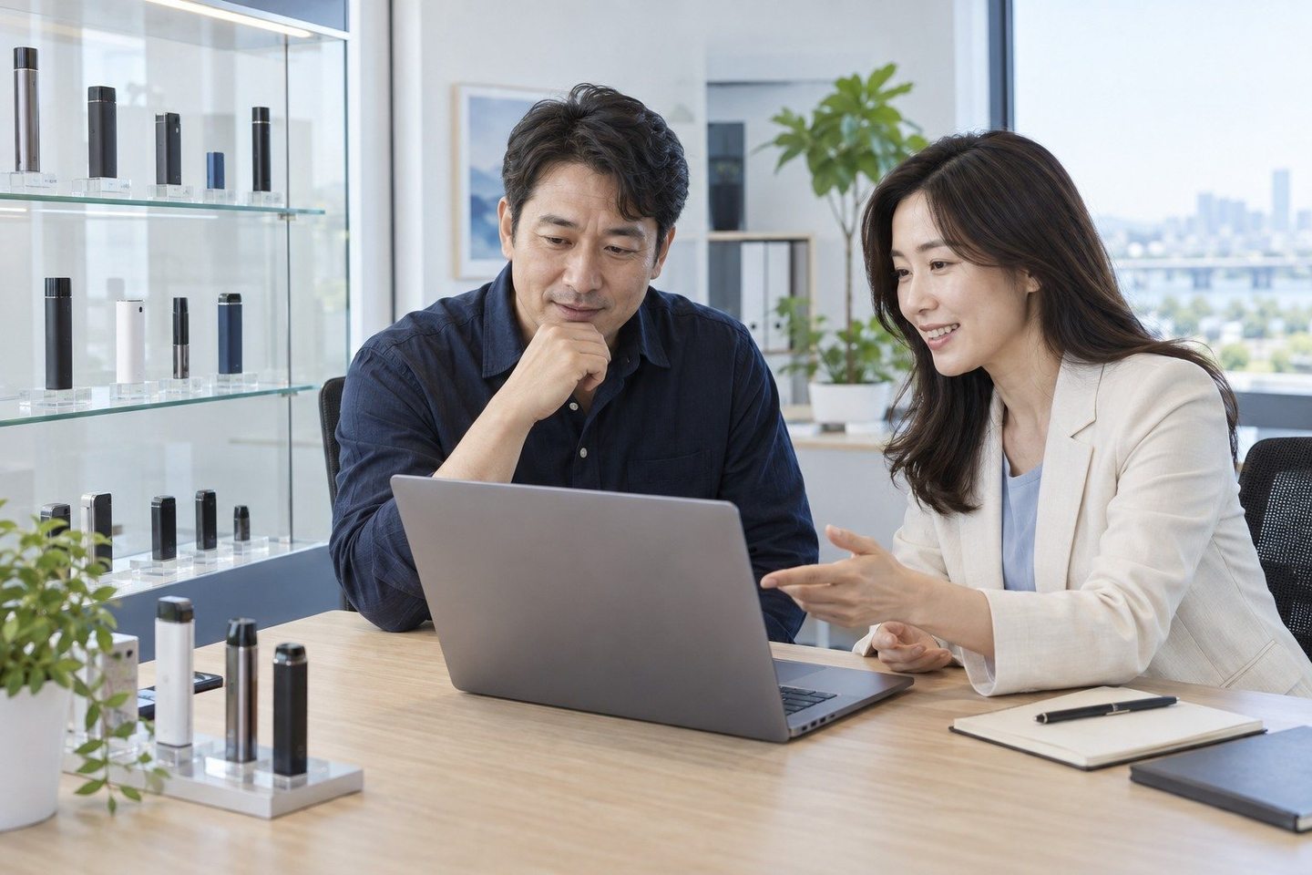 화면과 자료를 함께 검토하는 두 사람 — 성인용품 PG 가입 상품 구성상품 구성, 갈래만 불러 주세요. 연락 주시면 그 내용을 살펴 심사로 넘겨 드려요.